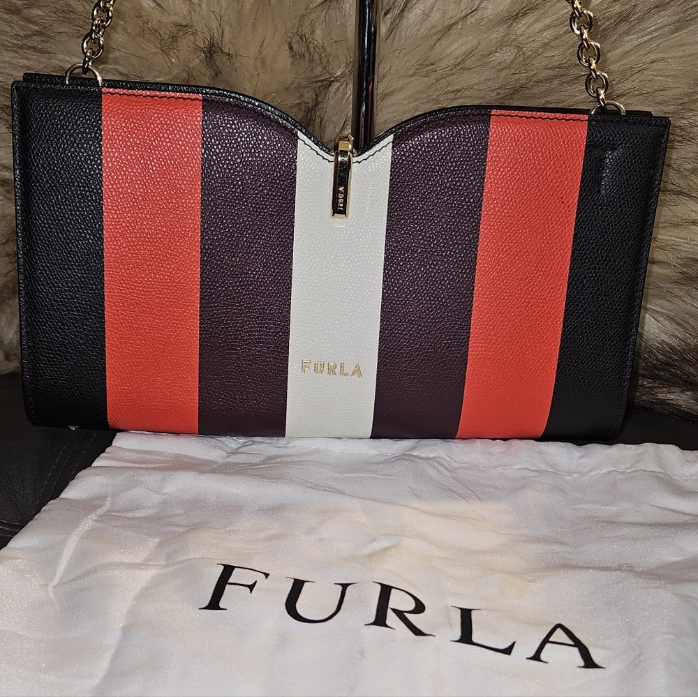 Furla Striped Red, Black, and White Shoulder Bag